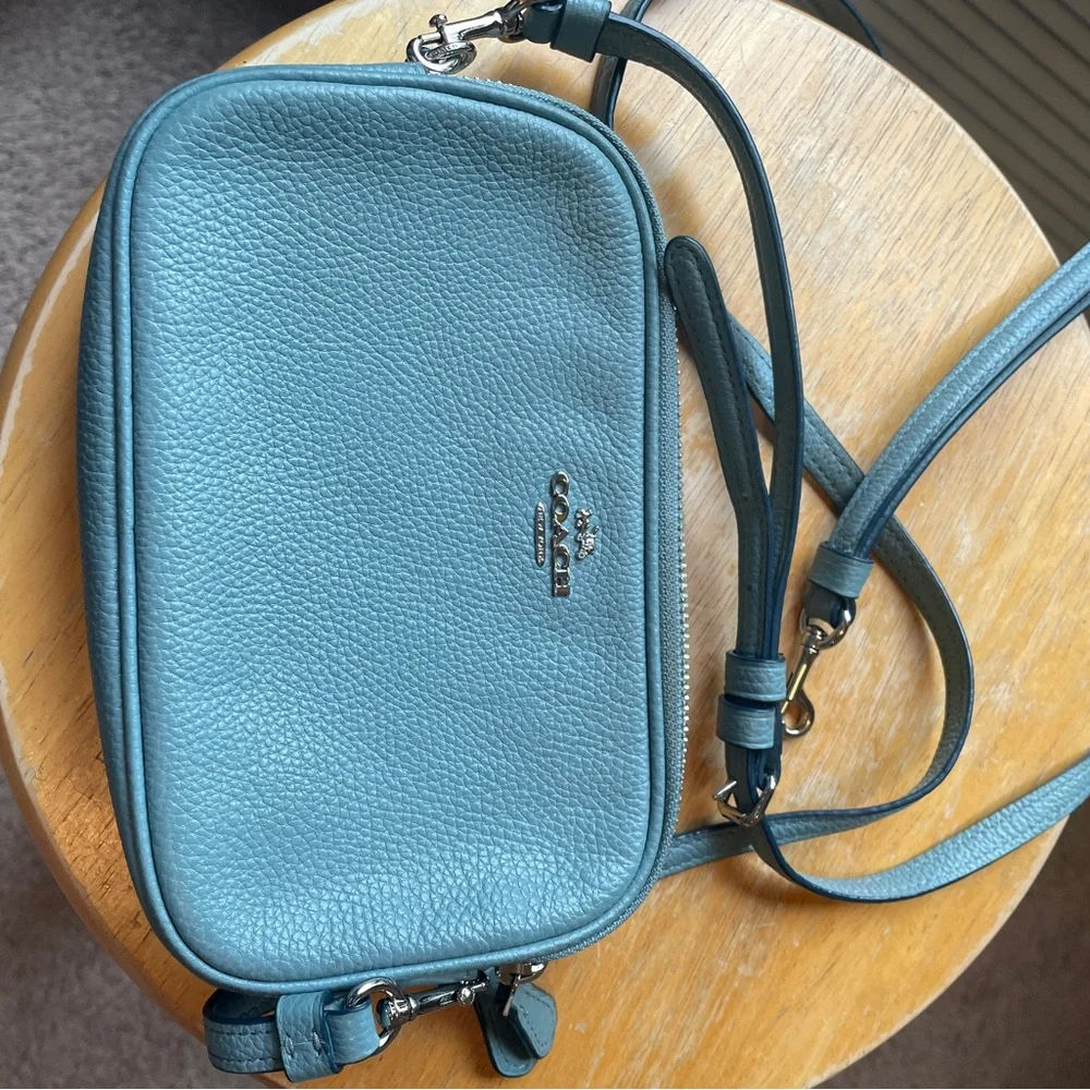 Coach Slate Blue Pebbled Leather Double Zip Crossbody with Silver Hardware - Picture 5 of 14
